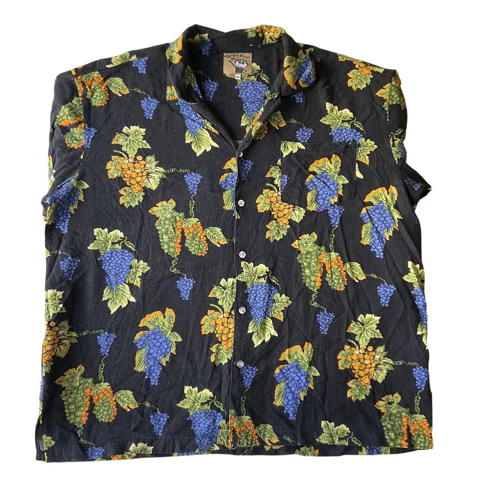 Chris's Stuff Men Button Up Shirt XXL Black Floral Grapes Hawaiian Shirt Soft